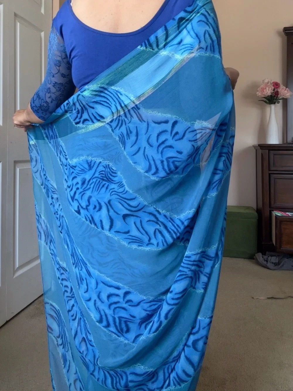 3 pieces set. Blue Patterned Saree with Matching Blouse and inner skirt.